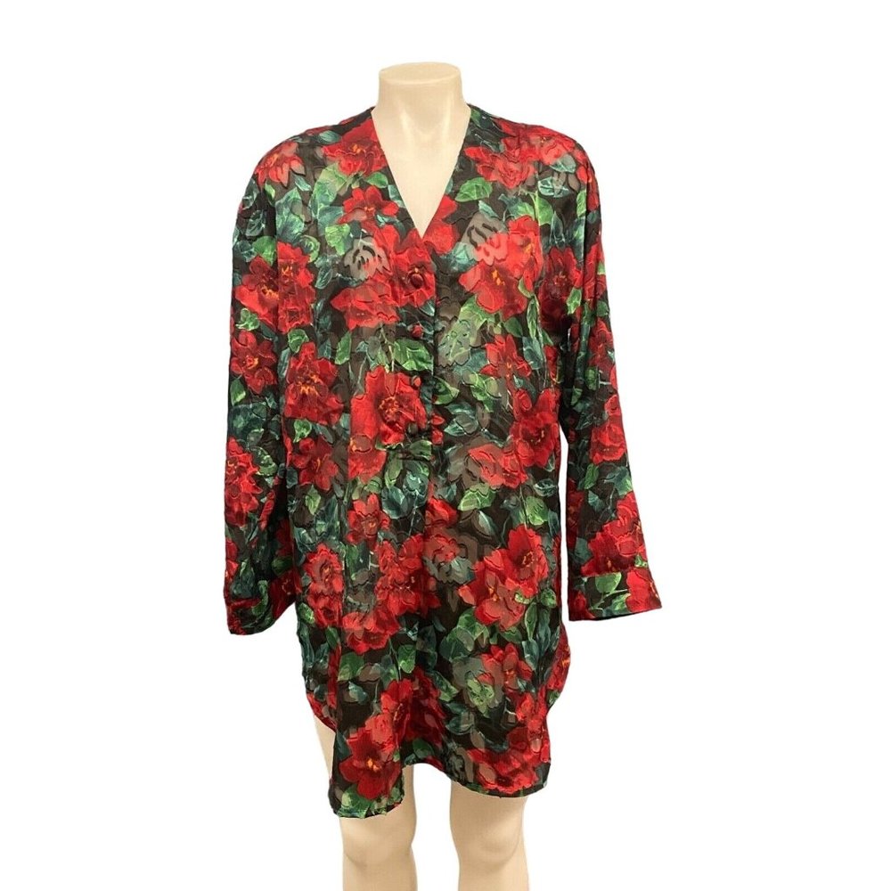VTG Victoria's Secret Nightgrown Women Medium Red Floral See Through Sheer Tunic